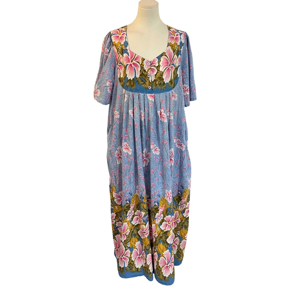 Vintage Hawaiian Floral Muumuu Maxi Dress Blue Pink Hibiscus House Dress XL - Picture 2 of 10